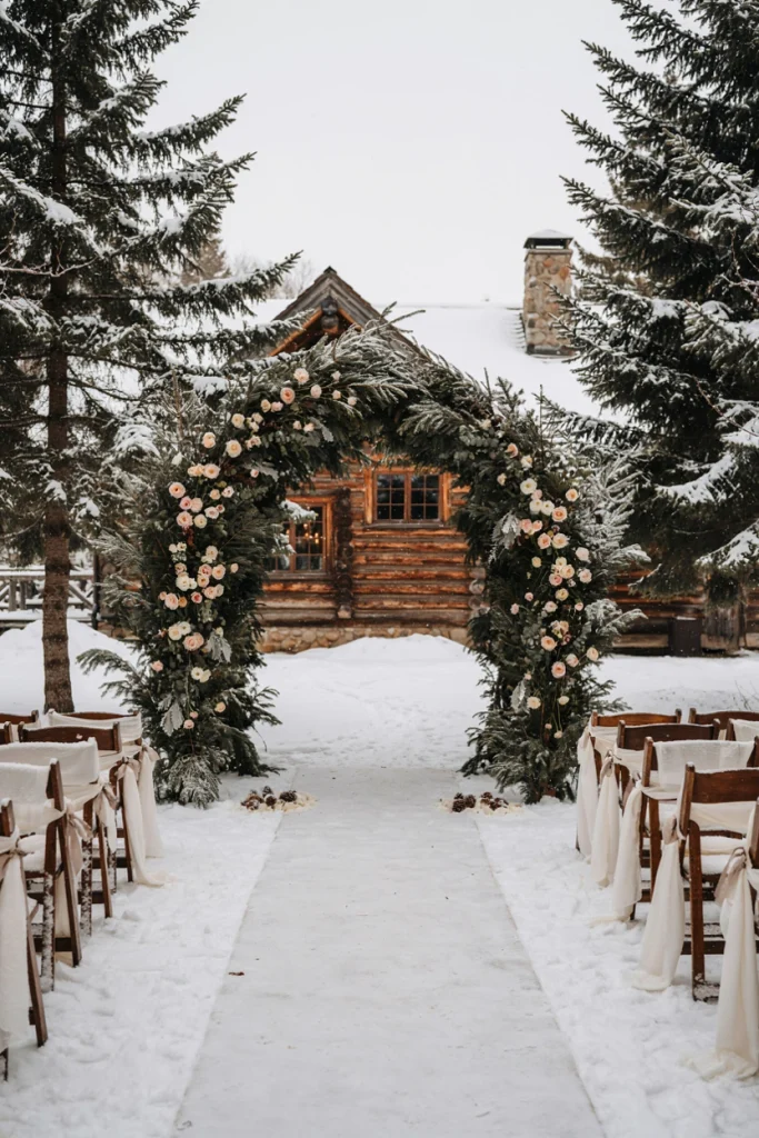 Frosted evergreen ceremony arch in front of a snowy cabin