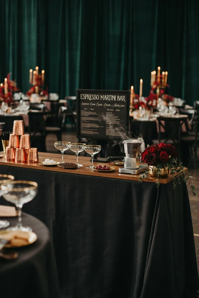 Espresso martini wedding bar station with a dark velvet backdrop and copper shaker tins