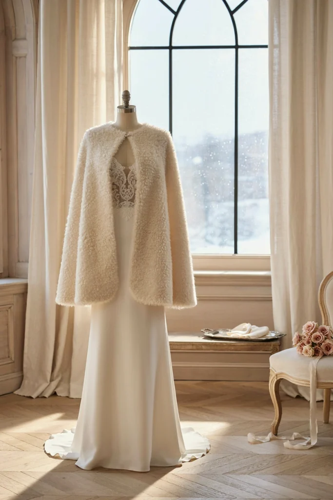 Bride wearing an oversized ivory faux fur cape over her gown in a snowy setting