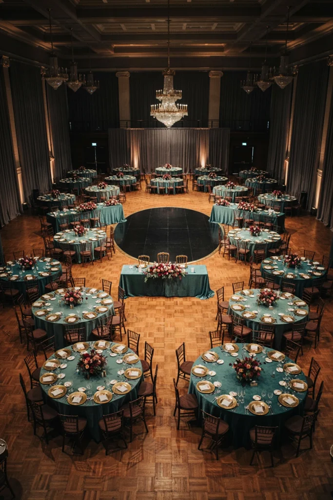 Round wedding reception tables clustered around a central dance floor with a sweetheart table at the edge