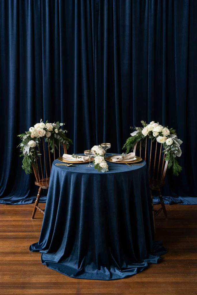 Bride and groom's chairs with individual floral arrangements at the head table
