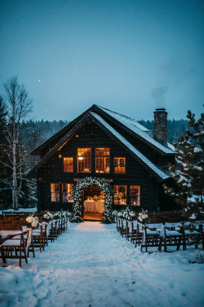 Black cabin exterior with falling snow and warm window light