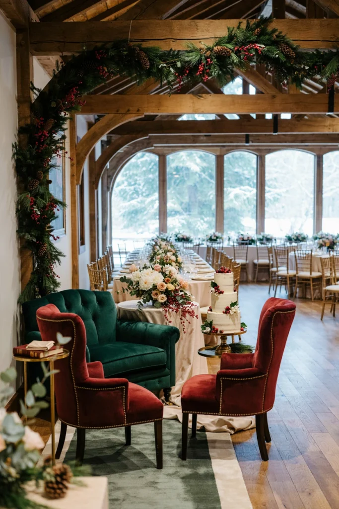 Cabin lounge styled with emerald velvet furniture and brass candlesticks