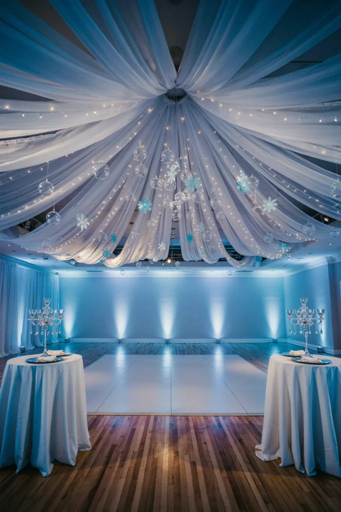 Dance floor with a sheer white fabric canopy draped overhead and string lights woven through