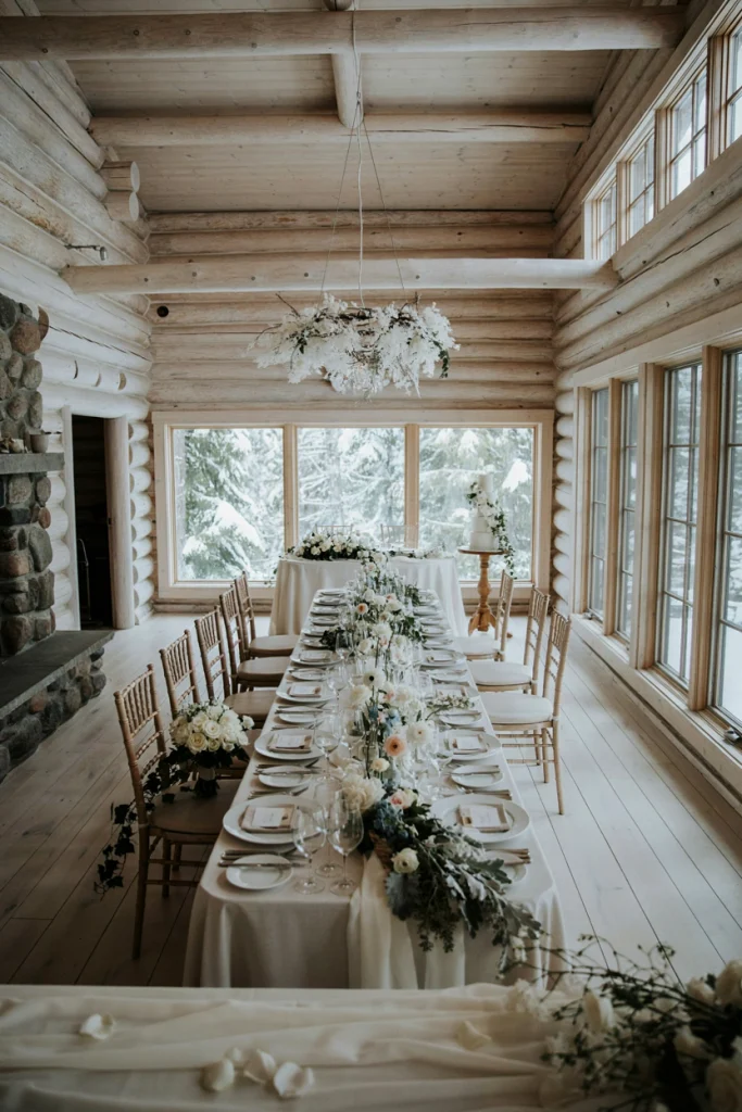 All-white winter cabin wedding interior with white linens and candles