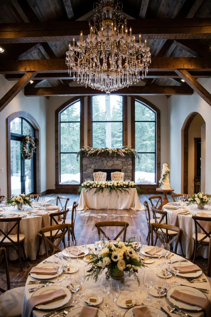 Crystal chandelier hanging above a cabin dinner table with a snowy window view