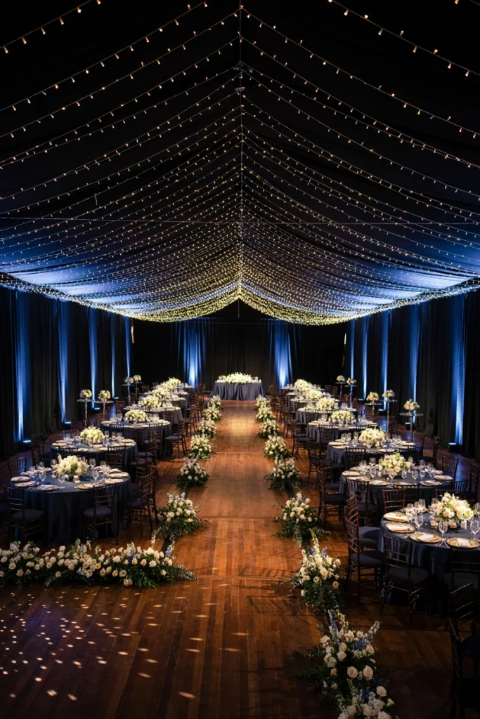 Navy reception tent with fairy lights arranged like a starry sky