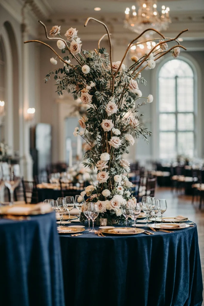 Tall gold candelabra centerpiece with cascading white florals and taper candles
