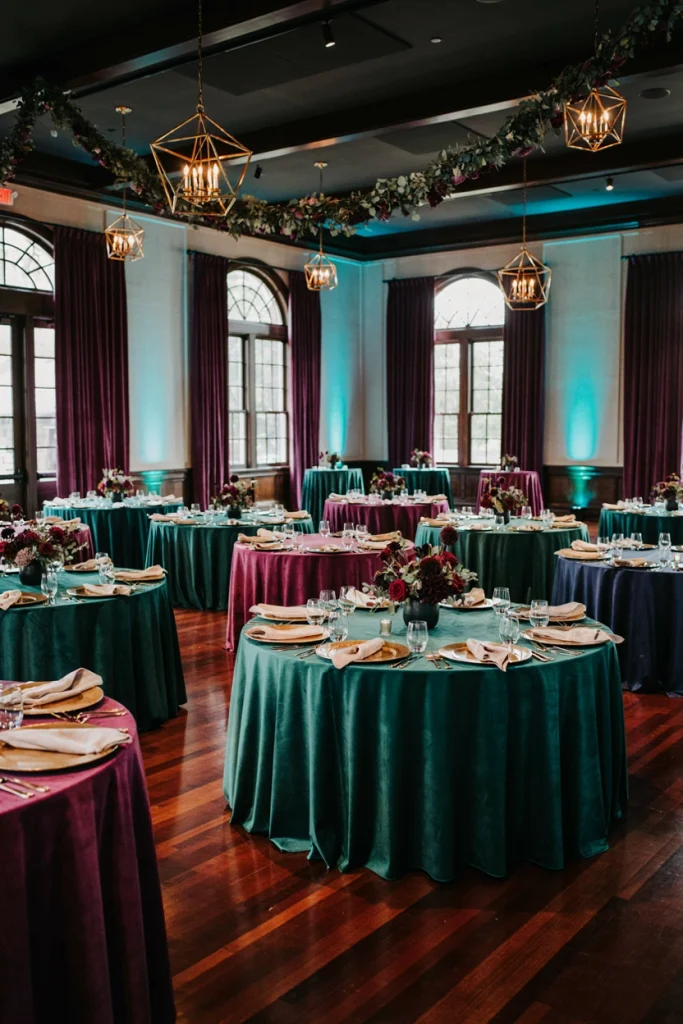 Deep plum velvet linens and brass candlesticks on a textured reception table