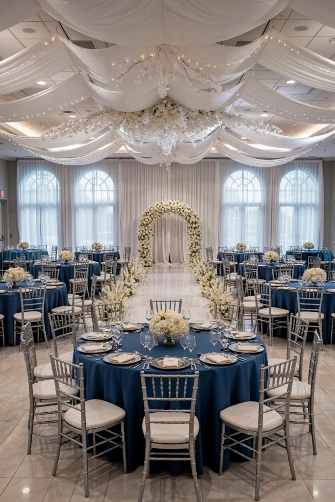 Deep blue floral arrangement against crisp white linens