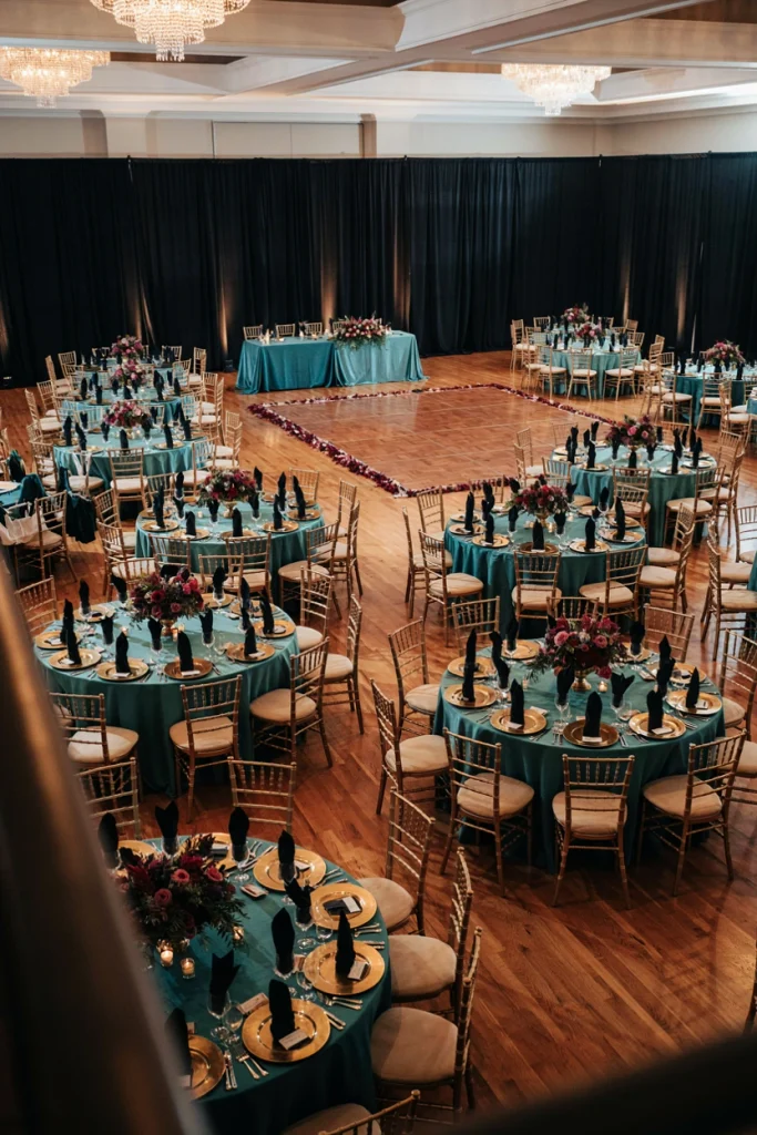 Ballroom wedding reception with emerald tablecloths, gold charger plates, and dimmed amber chandeliers