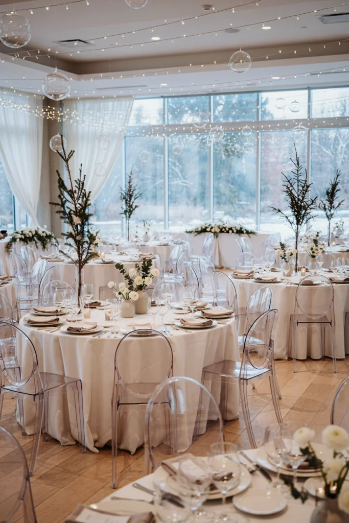 All white reception with subtle greenery and soft candlelight
