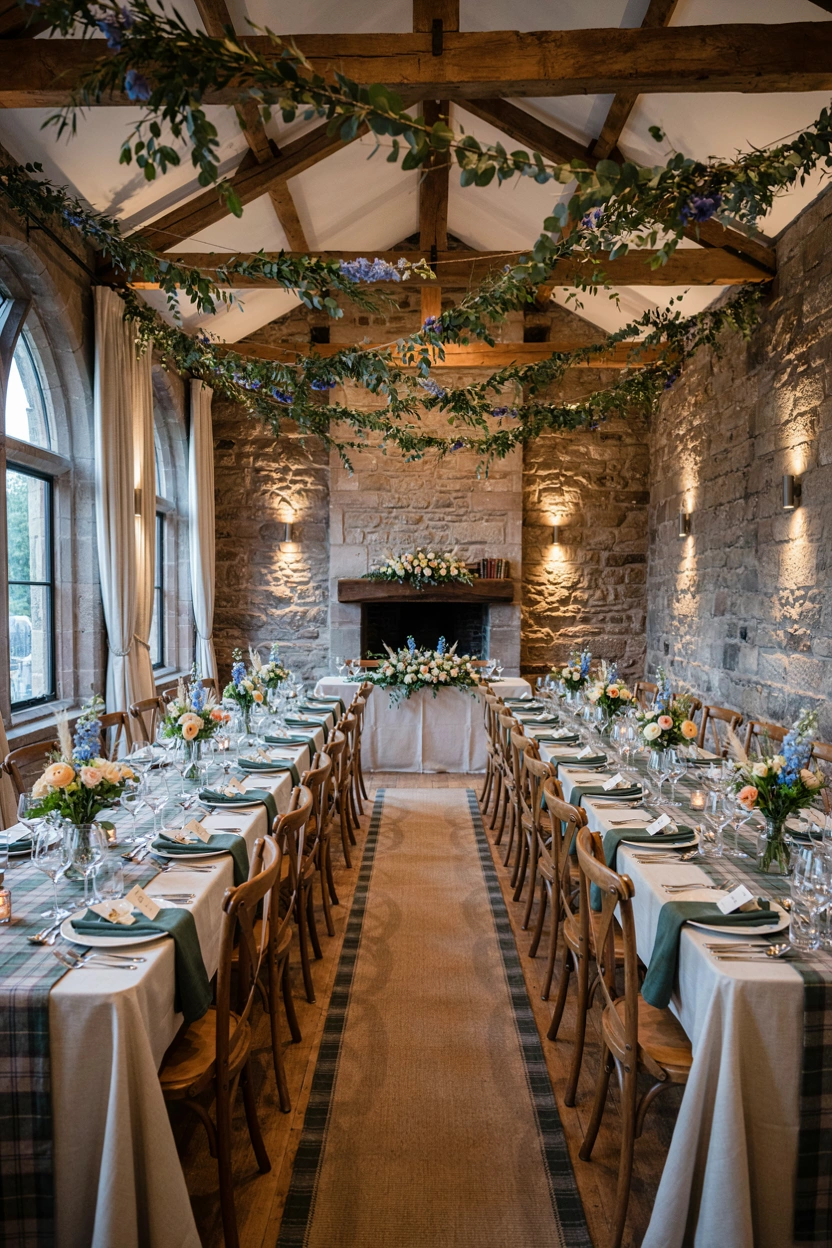 Tartan table runners and thistle bouquets against a stone fireplace