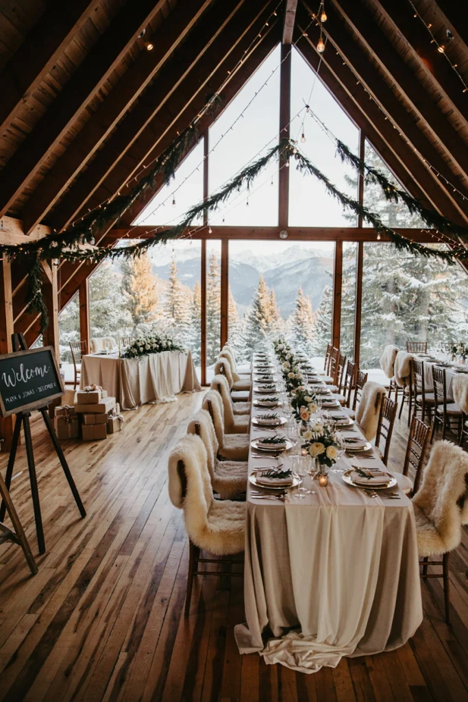 A-frame lodge reception with wood tables and a mountain view