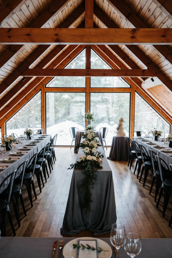 Modern A-frame cabin with slate gray textiles against warm timber beams