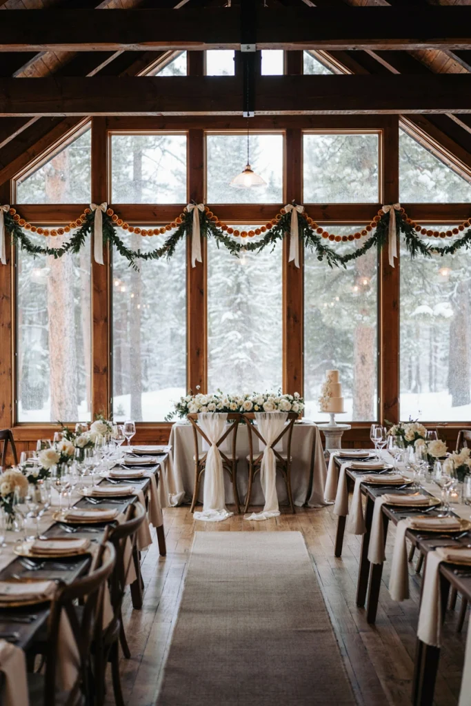Cabin windows decorated with hanging dried orange slices and pine sprigs