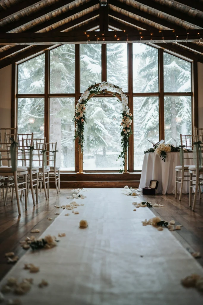Couple exchanging vows in front of a frosted cabin window with falling snow