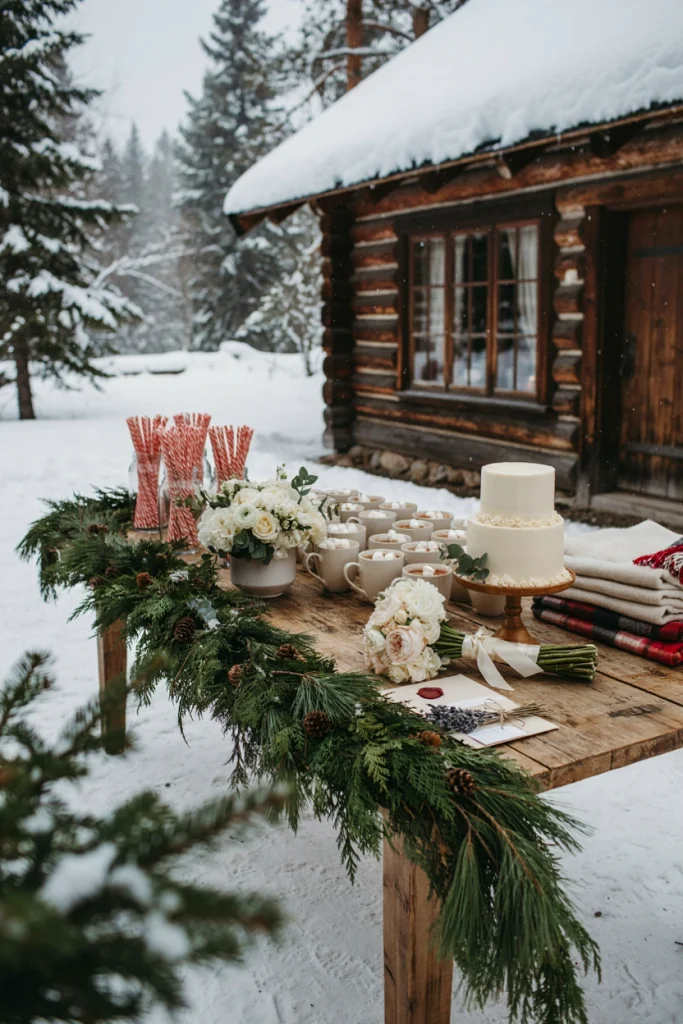 Hot cocoa and wool blanket station set up near a cabin entrance