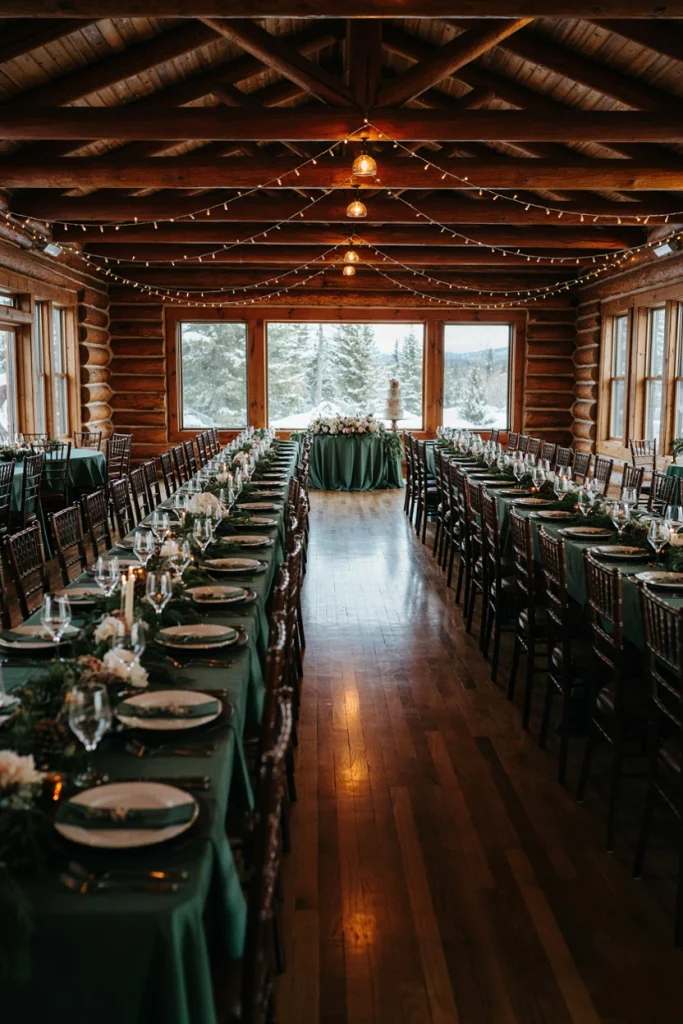 Long cabin dinner table lit entirely by taper candles at staggered heights