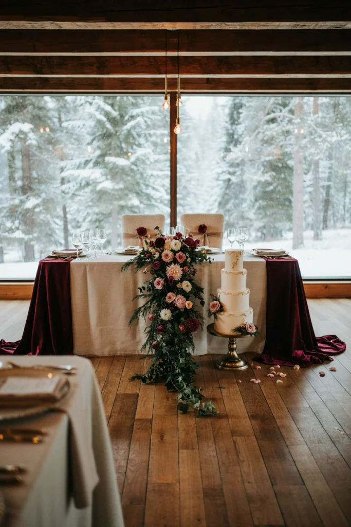 Cabin table styled in deep burgundy linens with gold flatware and dark florals
