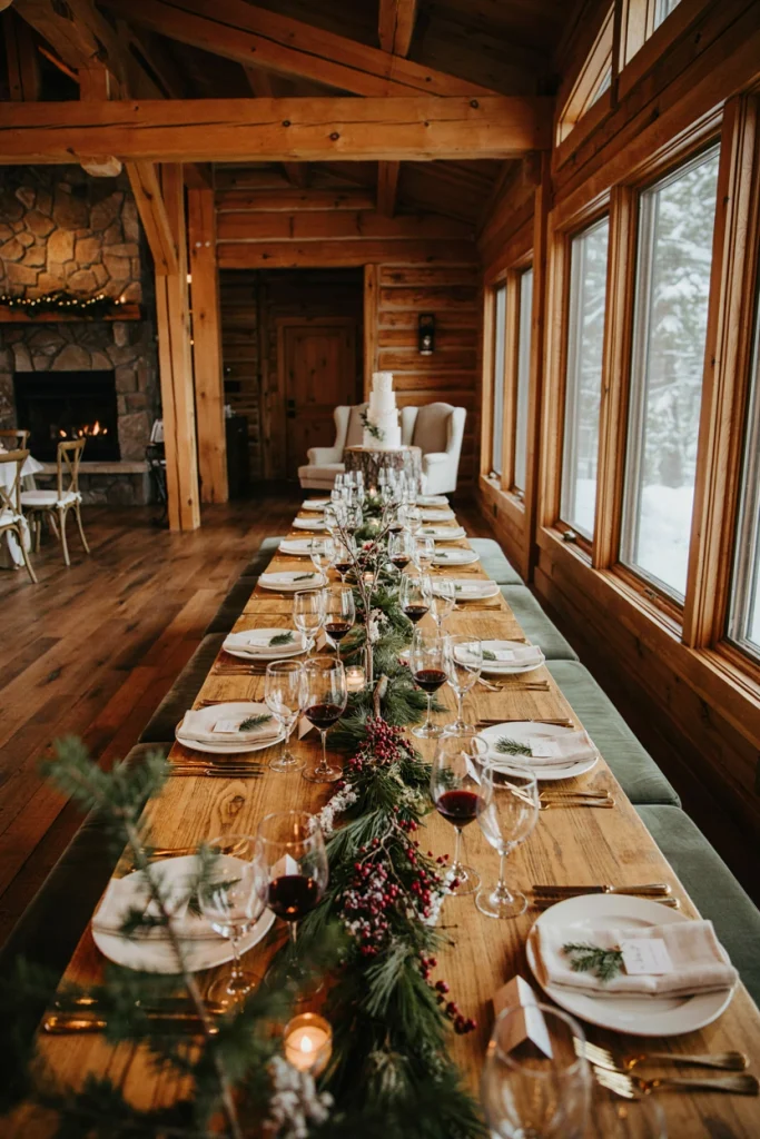 Fine china and crystal glasses set directly on an unfinished wood table
