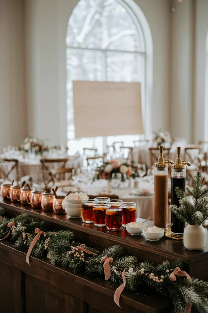Hot cocoa and mulled wine drink station garnished with cinnamon sticks and pink marshmallows