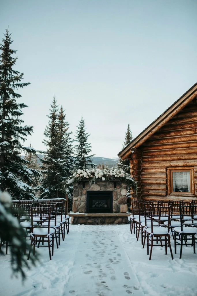 Winter wedding ceremony chairs arranged around an outdoor fireplace in the snow