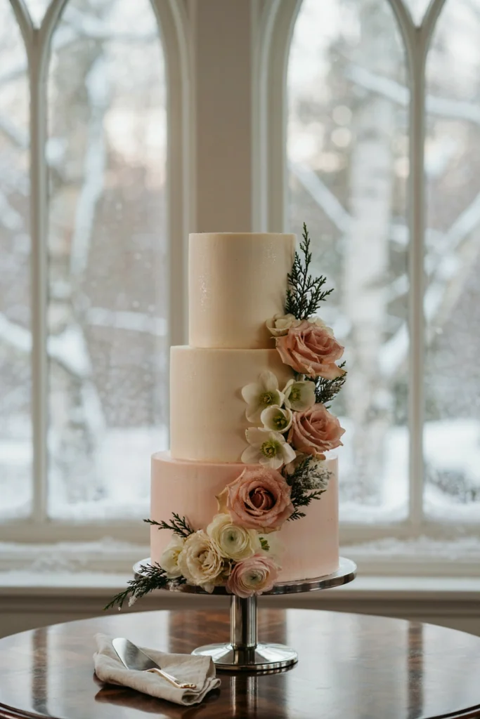 Three-tier ombré blush wedding cake decorated with sugared florals