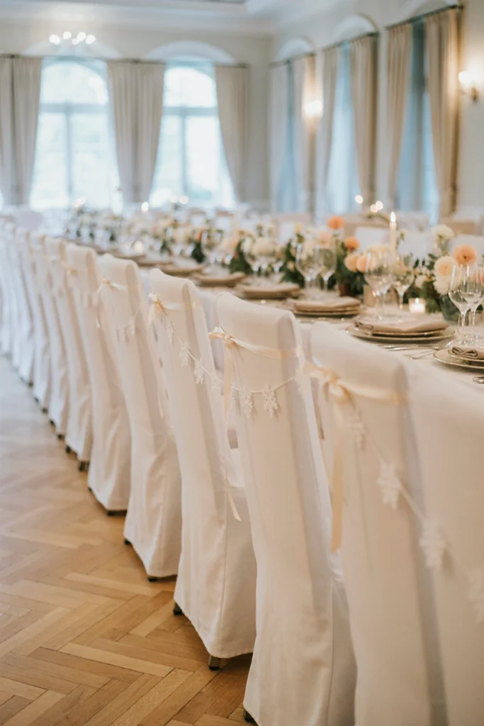 White wedding chair with a delicate snowflake garland tied across the back