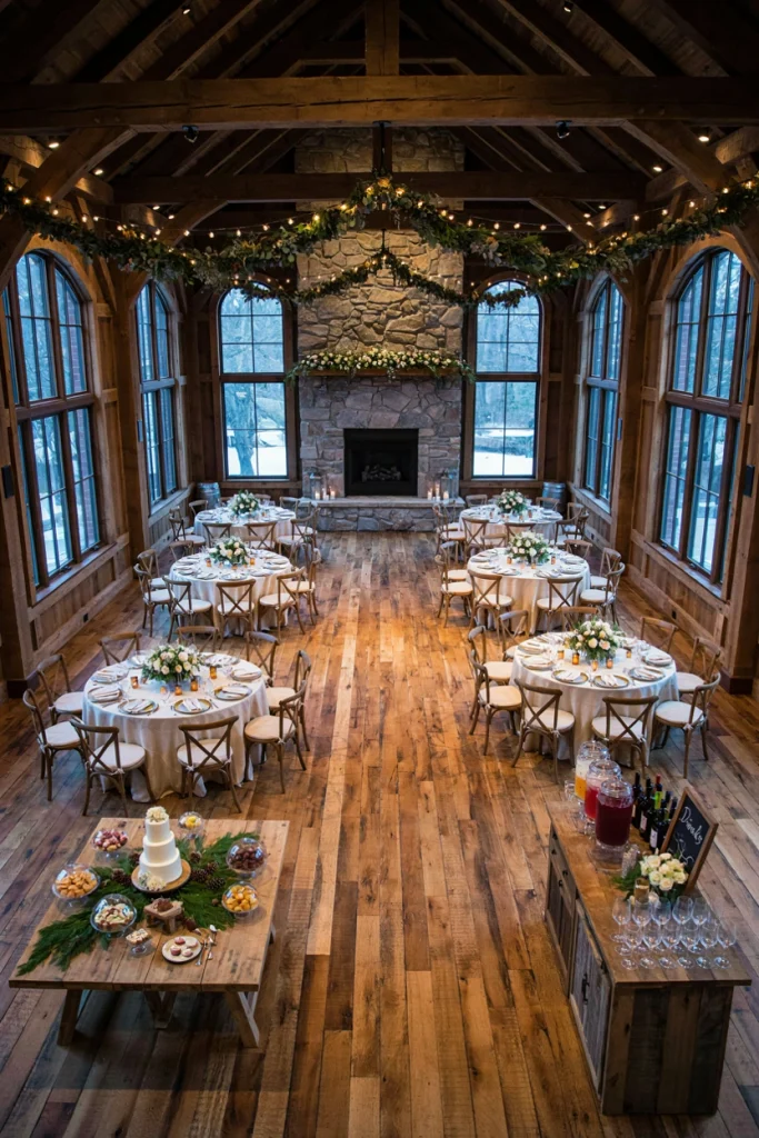 Timber ballroom wedding reception with stone fireplace and long banquet tables