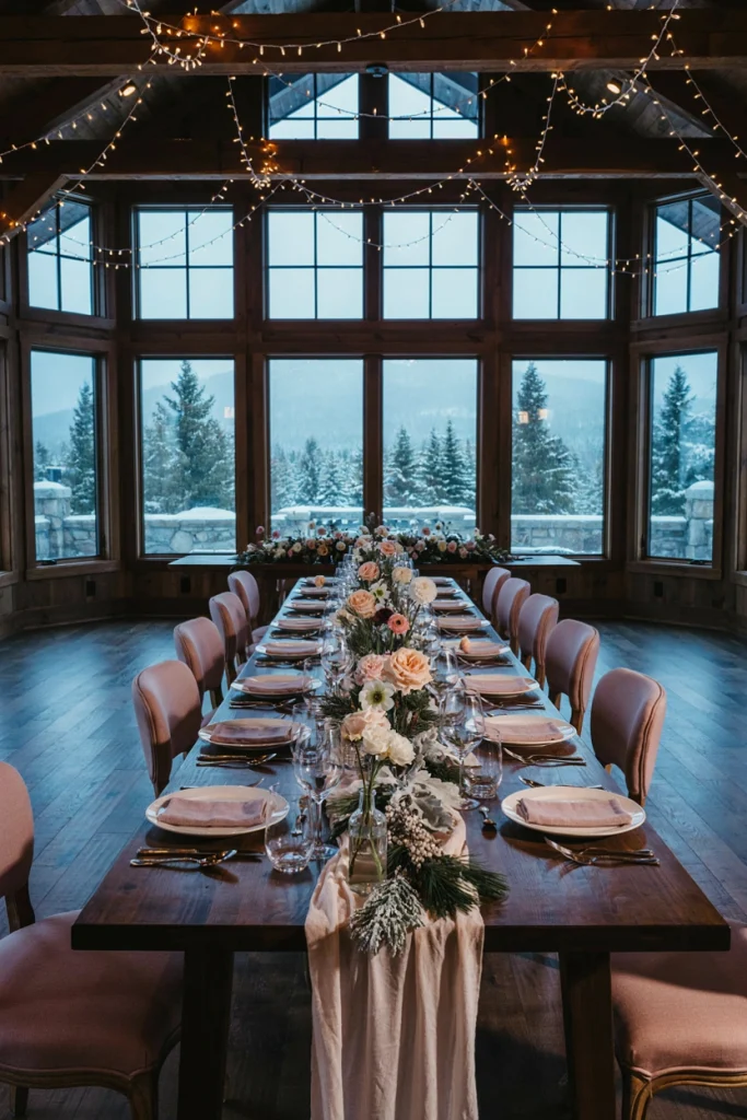 Unclothed wooden farm table styled with white plates and a loose pink and cream floral runner