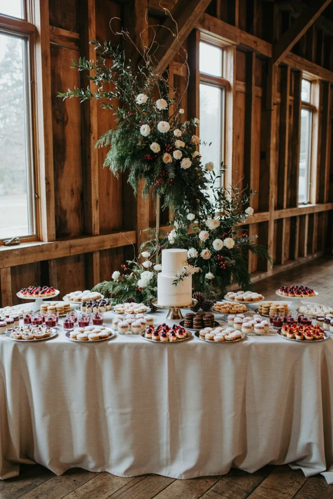 Tiered wedding dessert table styled against a eucalyptus garland backdrop