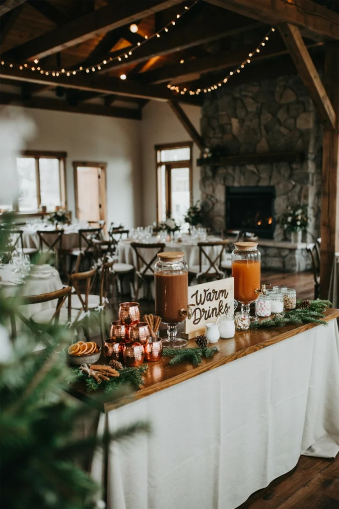 Rustic hot chocolate and cider station on a wooden barrel with copper mugs