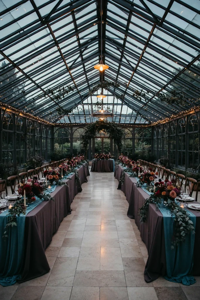 Long banquet tables in a glass-roofed greenhouse reception with charcoal linens and red rose centerpieces