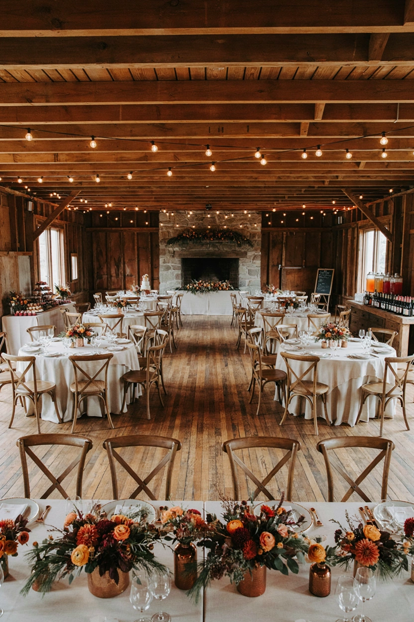 Moody copper and candlelight wedding tablescape with amber florals