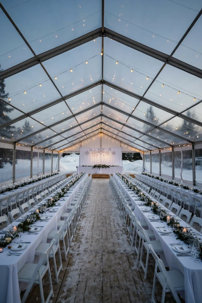 Long parallel banquet table rows leading to an elevated king's table at a tented wedding