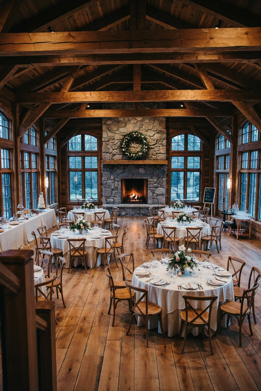 Family-style wedding table clusters with a sweetheart table tucked into a window nook