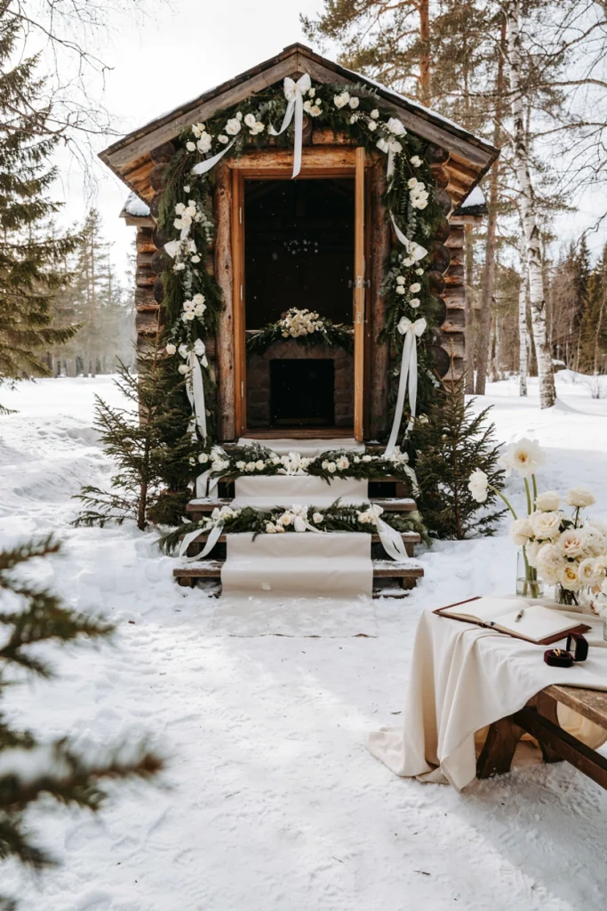 Cabin staircase wrapped in fresh evergreen garland with candles