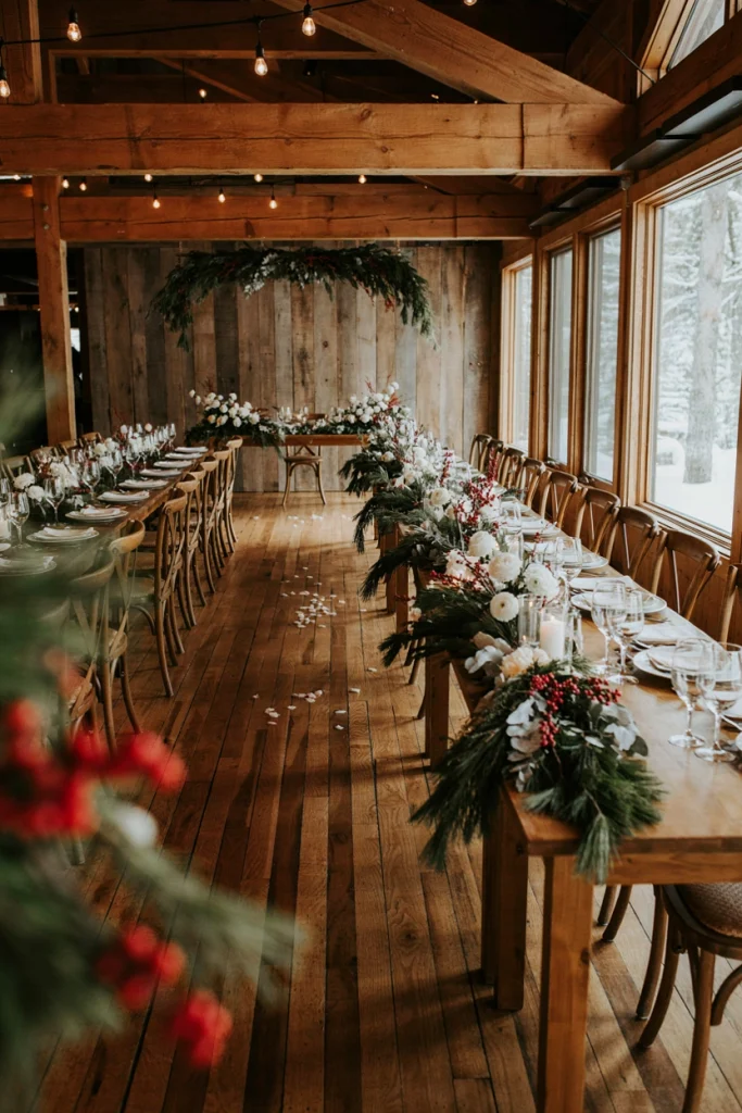 Wedding table runner made of eucalyptus, pine, and winterberries