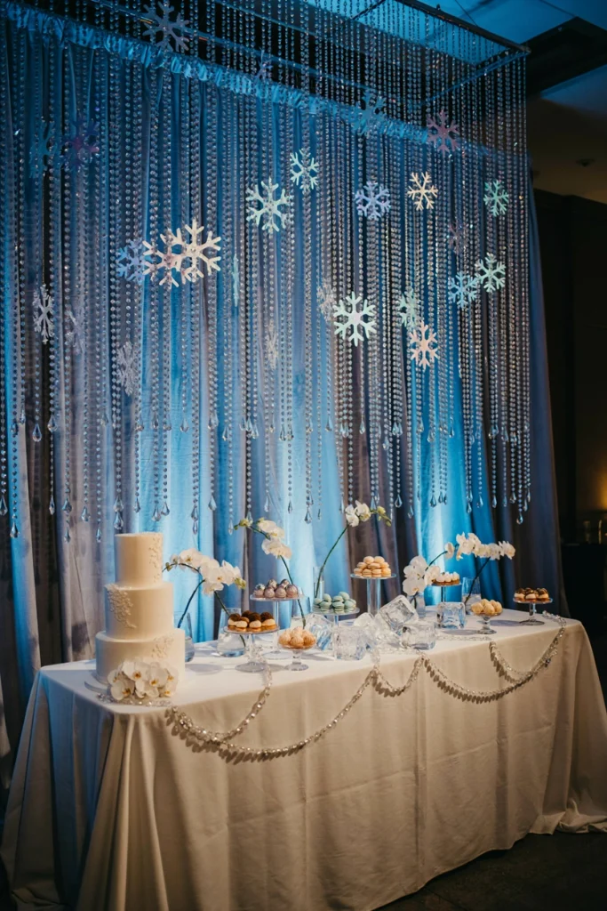 Wedding dessert table backed by hanging crystal strands and silver snowflake ornaments