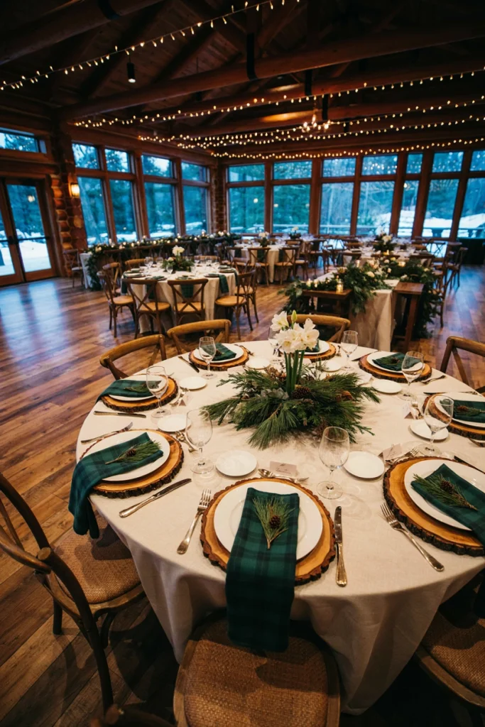 Close-up place setting with wood charger plate, plaid napkin, and gold flatware