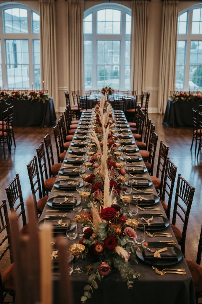 Long wedding table runner mixing fresh red roses with dried pampas grass and preserved eucalyptus