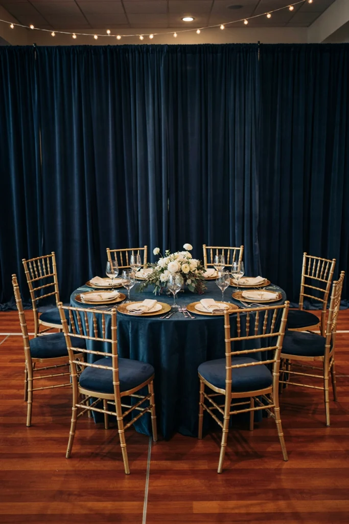 Gold chiavari chairs with dark cushioned seats around a navy-draped wedding table