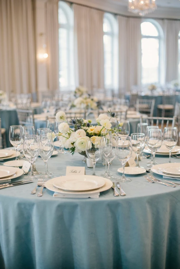 Round wedding table with an icy blue tablecloth, white china, and silver flatware