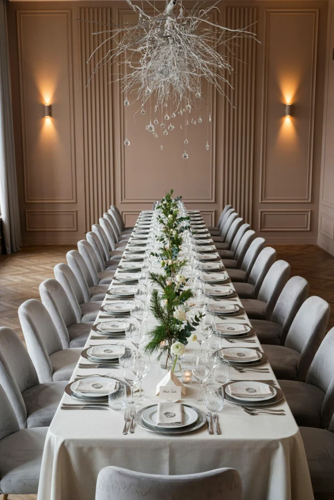 Intimate candlelit winter wedding table for 45 guests with hanging crystals over bare branches