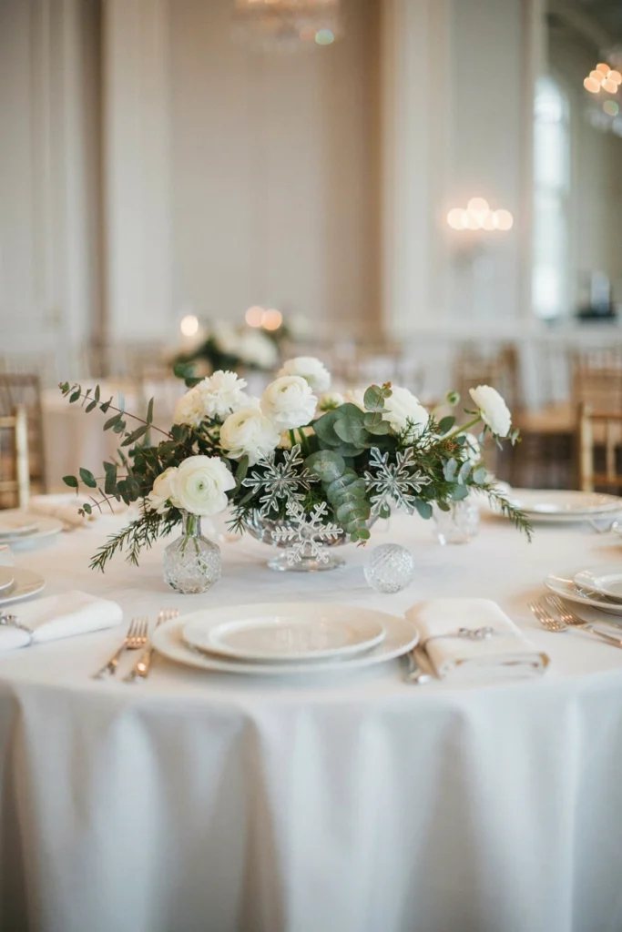 Low winter wedding centerpiece with white candles and acrylic snowflake ornaments