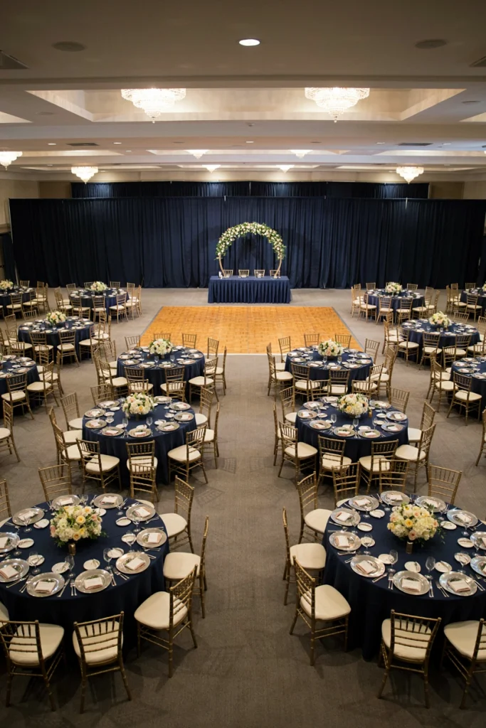 Wide view of round tables surrounding a central dance floor with a gold arch backdrop