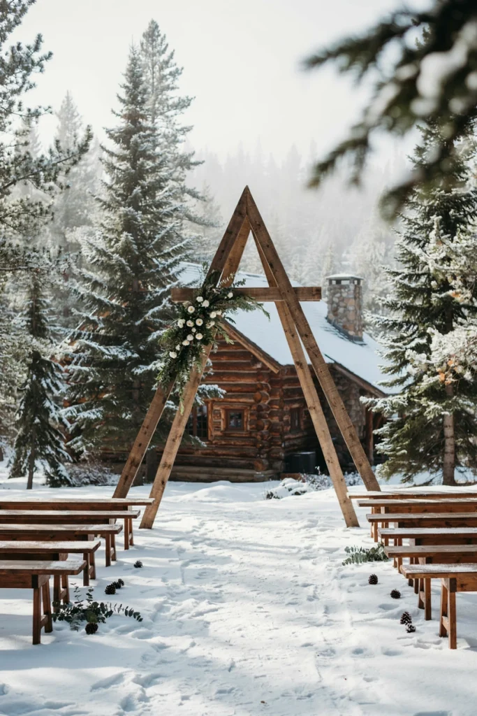 Reclaimed wood A-frame wedding ceremony arch against a snowy pine tree line