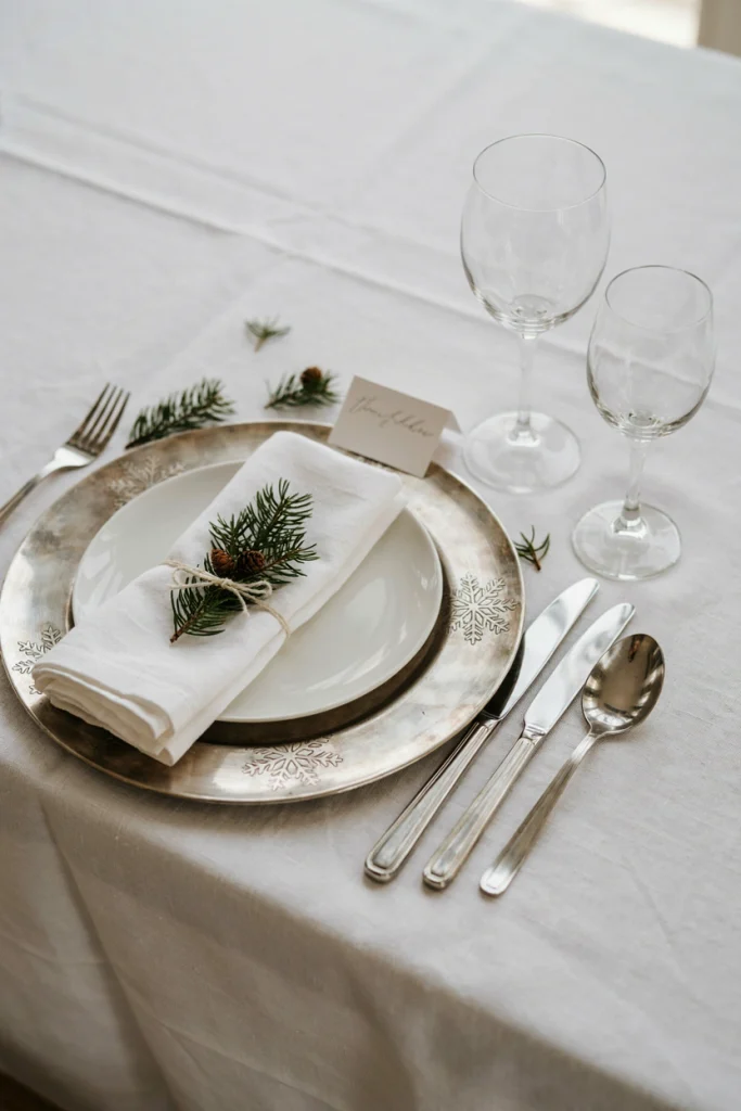 Close up of a place setting with a silver snowflake charger plate and folded linen napkin